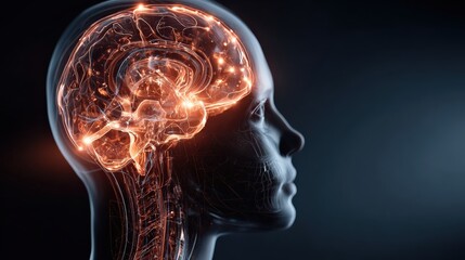 A digital rendering of a human head profile, showcasing an illuminated brain filled with intricate neural connections against a dark background.