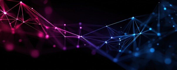 An abstract digital design featuring interconnected nodes and lines in vibrant pink and blue hues against a dark background.