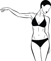 Elegant female body line art, woman in bikini illustration, fashion figure sketch, minimal stylish pose drawing, modern feminine outline design