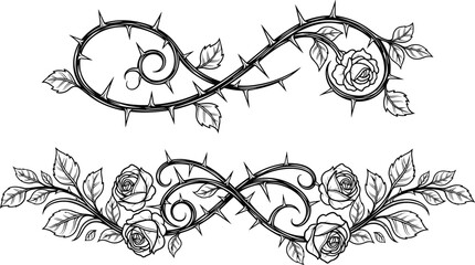 Elegant rose and thorn decorative vector border design with floral swirl ornaments, botanical line art elements for tattoo, invitation and graphic projects