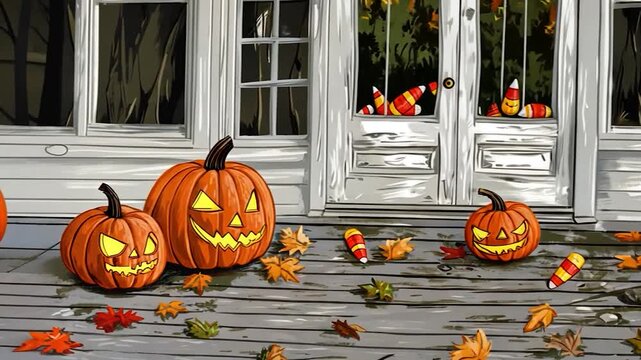 Halloween porch with pumpkins and candy corn