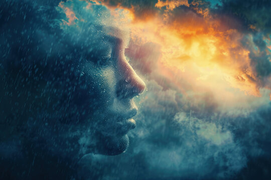 Abstract Human Profile with Dark Storm Cloud and Breaking Sunlight, Mental Health Journey and Emotional Hope