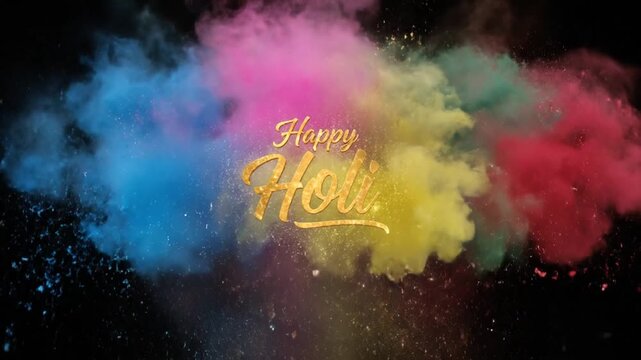Vibrant Holi Powder Explosion: Happy Holi Greeting, Hindu Spring Festival Celebration with Colorful Dust Particles on Black Background