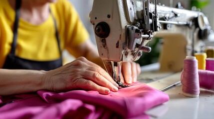 Busy Seamstress Sewing Garments on Industrial Machine in Harsh Daylight - Point of View Shot with Selective Focus on White Background