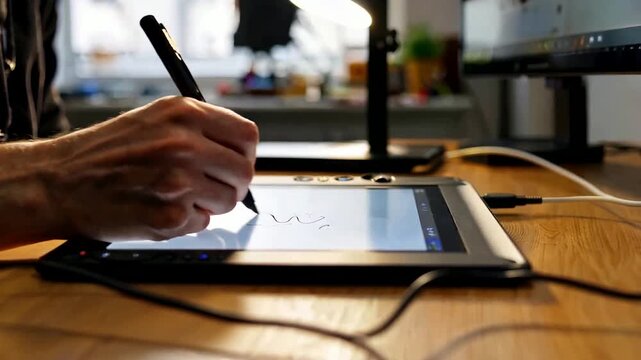 Close up of a person using a digital drawing tablet and stylus on a wooden desk.