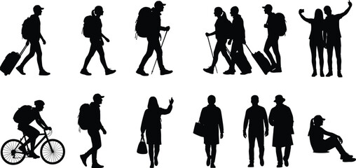 Traveler silhouettes walking, hiking, cycling, carrying luggage, exploring destinations, tourist couples and solo adventurers, outdoor journey lifestyle poses, vacation travel illustration artwork