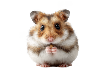 Cute hamster sitting on its hind legs with small paws holding food on a clear background