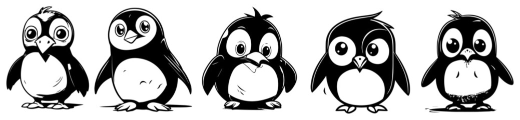 Obraz premium Set of cute cartoon penguin characters in different poses vector illustration