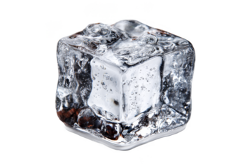 Clear ice cube sitting on a transparent background with bubbles trapped inside and a shiny surface reflecting light