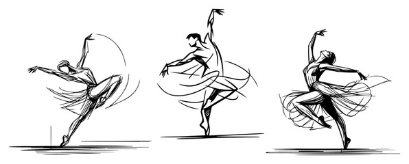 Set of dynamic ballet dancers in motion hand drawn vector sketch illustration