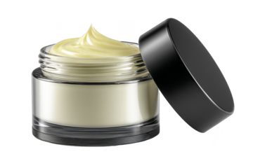 Clear jar with cream on transparent background showing skincare product ready for use during personal care routine
