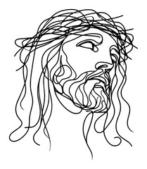 Jesus Christ face with crown of thorns continuous line art vector portrait