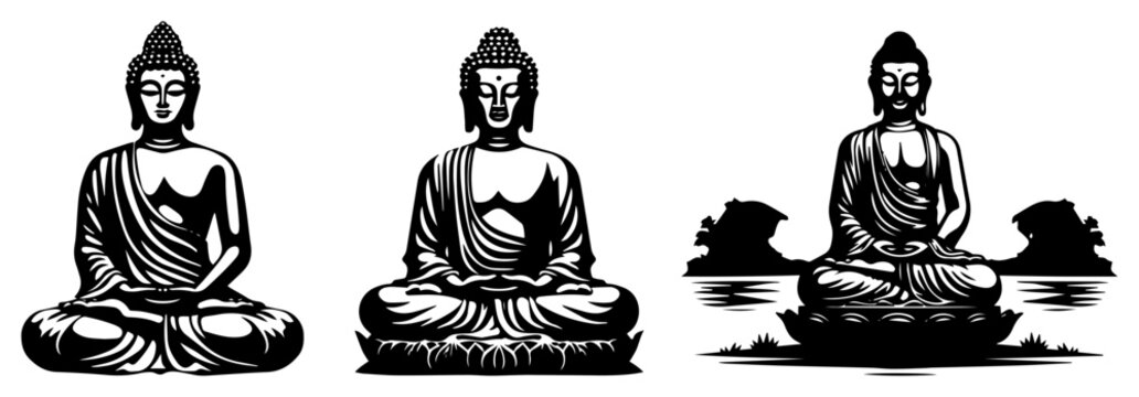 Set of sitting Buddha silhouette meditation icons vector illustration