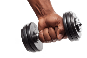 Grip of a hand holding a black dumbbell ready for workout session in home gym setting