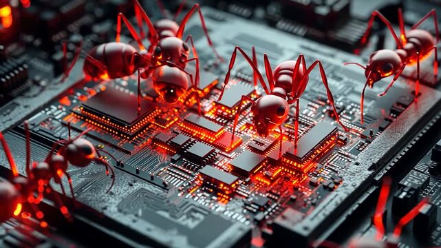 Red ants on a glowing circuit board