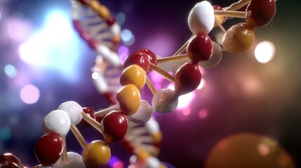 Futuristic Biotech Presentation: Close-Up of DNA Strands on Digital Screen with Bokeh Effect and Leading Lines