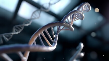 Illuminating Biotech: Close-Up of DNA Strands on Digital Screen with Bokeh Effect and Leading Lines