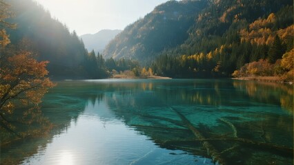 A serene mountain lake surrounded by autumn-colored forests and clear reflections in the water