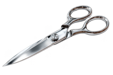 Scissors with a shiny metallic finish on a transparent background ready for cutting tasks