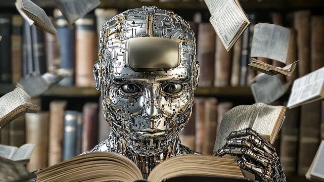 Metallic robot reading ancient books in a library