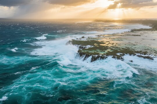 Aerial view of turbulent ocean waves crashing against a rocky coastline during sunset