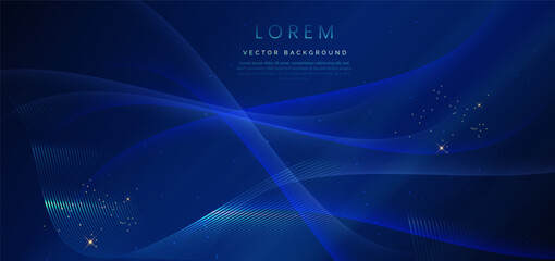 Abstract luxury glowing lines curved overlapping on dark blue background. Template premium award design.