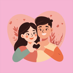 Happy Couple Making Heart Shape Vector Illustration,Cute Romantic Couple Smiling Together Art,Love and Happiness Flat Vector Design,Young Couple Making Heart Gesture Illustration,Cheerf.