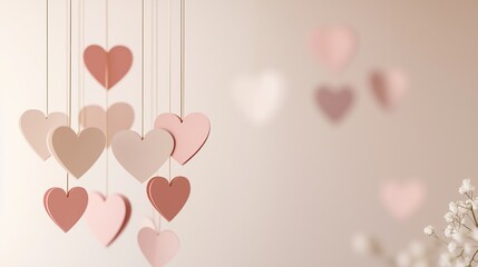 Mother’s Day Paper Heart Garland Hanging from Top on Soft Neutral Background, empty space for text
