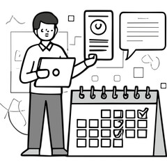Man Holding Laptop Near Calendar With Checkmarks Displaying Tasks And Appointments In Office Meeting Room With Charts And Documents