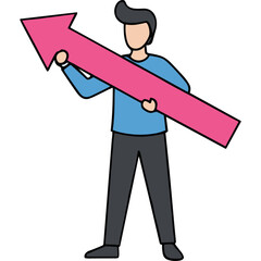 Man Holding Large Pink Upward Arrow Symbolizing Growth Progress Direction and Success Against a Transparent Background