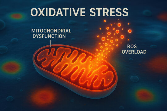 Medical visualization showing oxidative stress and cellular damage. mitochondrion in state of dysfunction experiencing ROS overload. biology graphic of stressed cell