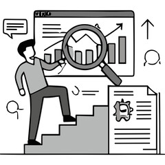 Man Climbing Stairs Towards Financial Growth Chart Under Magnifying Glass With Documents And Upward Trend Arrow