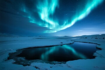 Fototapeta premium Aurora Borealis illuminating a frozen landscape with a reflective pool under a starry night sky
