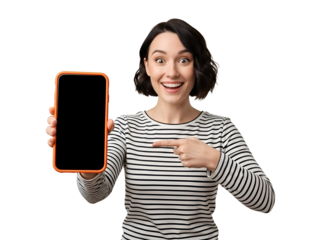 Excited Young Woman Pointing at Blank Smartphone Mockup - Happy Girl Showing Phone Screen