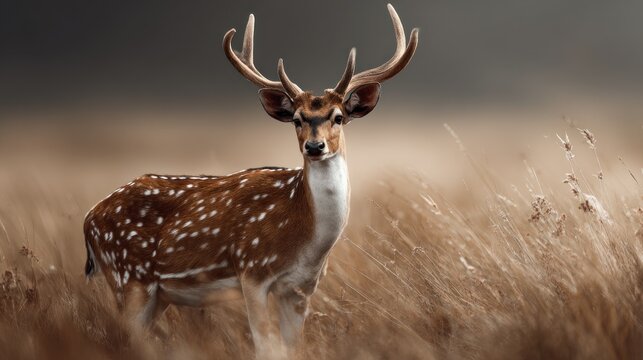 Majestic axis deer standing in a field of golden grass, serene wildlife portrait