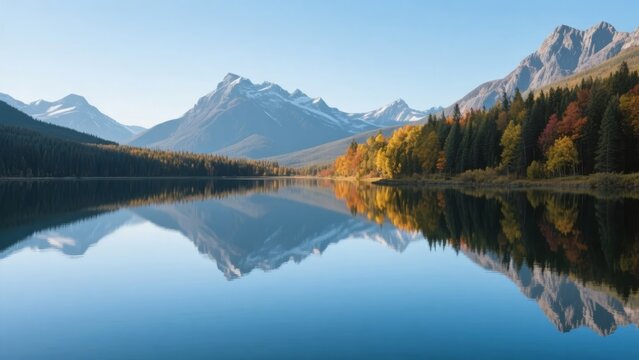 Serene mountain lake reflecting autumn forest and snow-capped peaks under clear blue sky
