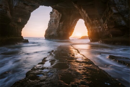 Sunset through natural rock arches over a calm sea with reflective water and rocky shoreline - Powered by Adobe