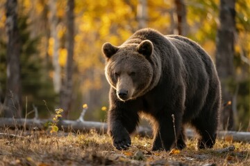 Fototapeta premium Grizzly bear walking through a forest in autumn with golden foliage in the background