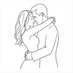 Romantic Couple Line Art Vector Illustration,Loving Embrace Outline Drawing of Couple,Minimalist Love Couple Vector Design,Tender Hug Line Art of Man and Woman,Elegant Romantic Couple O.