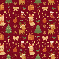 Seamless Christmas pattern. Cute animals create a magical atmosphere. Vector. Universal. Perfect for textile prints, wrapping paper, cards, and various business applications.