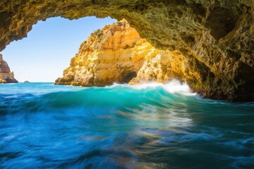 A natural sea cave with turquoise waves crashing against golden cliffs under a clear blue sky