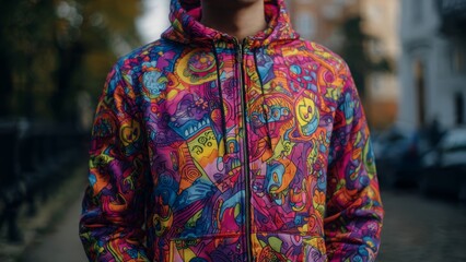 Man wearing a colorful, abstract pattern zip-up hoodie outdoors, with a blurred urban background.