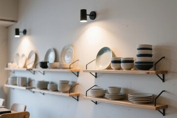 Wooden shelves with stacked ceramic plates and bowls illuminated by wall-mounted lights in a minimalist interior