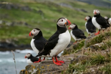 Atlantic puffins standing on rocky cliffs near the ocean, with green hills in the background