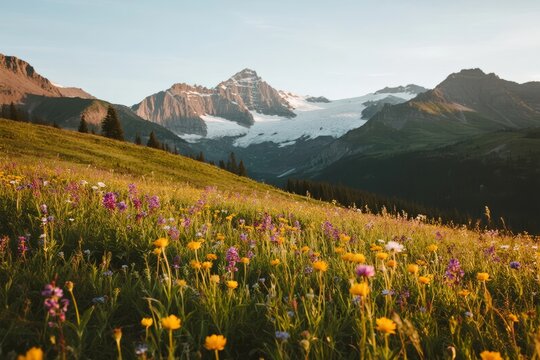 A vibrant meadow of wildflowers in bloom with snow-capped mountains in the background during golden hour