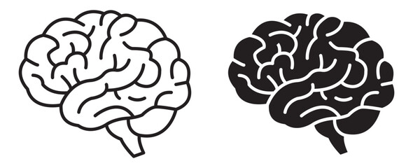 A minimalist brain icon set with clean outlines and solid fills, bold anatomical curves, simplified lobe shapes, and modern abstract lines for education, science, intelligence, and creative graphics