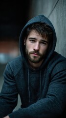 Fototapeta premium Close-up portrait of a handsome young man with a beard wearing a dark hooded sweatshirt, looking at the camera with a serious expression.