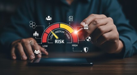 Risk management dashboard with high-tech gauge and business security icons on digital tablet