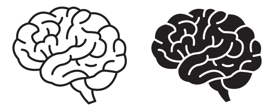 A minimalist brain icon set with clean outlines and solid fills, bold anatomical curves, simplified lobe shapes, and modern abstract lines for education, science, intelligence, and creative graphics