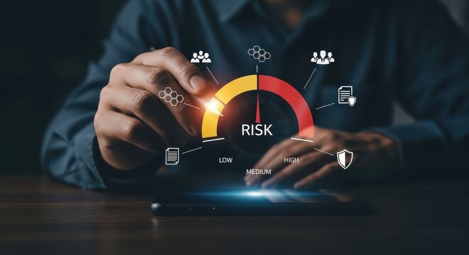Risk management dashboard with high-tech gauge and business security icons on digital tablet - Powered by Adobe